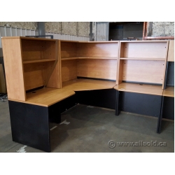 Maple and Black Open L Suite Desk with Overhead Storage 6 pc